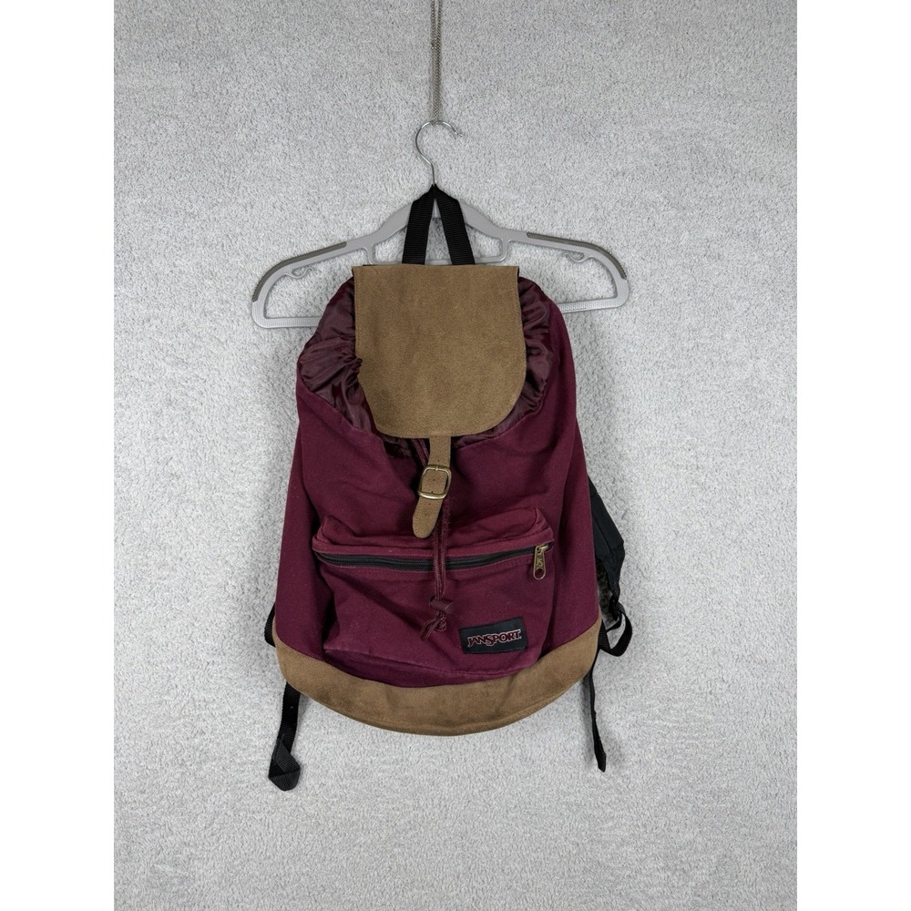 VINTAGE Jansport Backpack Red Leather Bottom USA Made 90s‎ Bag School Travel